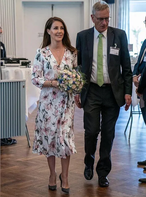 Princess Marie of Denmark wore a floral wrap dress by Goat Fashion (now Jane Atelier). Filadelfia Hospital in Dianalund