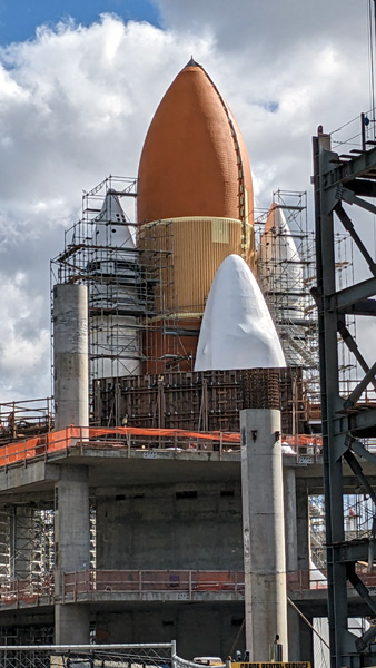 At the California Science Center in Los Angeles, Endeavour's Space Shuttle Stack stands tall inside the construction site for the Samuel Oschin Air and Space Center...on February 2, 2024.