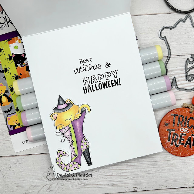 Have a be-witching good time by Crystal features Witchy Newton, Halloween Meows, Oval Frames, and Spiderweb Oval by Newton's Nook Designs; #inkypaws, #newtonsnook, #halloweencards, #catcards, #cardmaking, #cardchallenge
