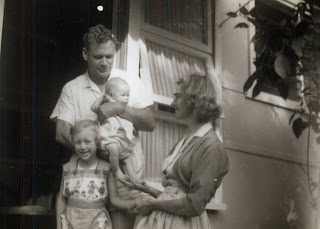 Front steps Apr 1964 Dad, Mum, Mal & I