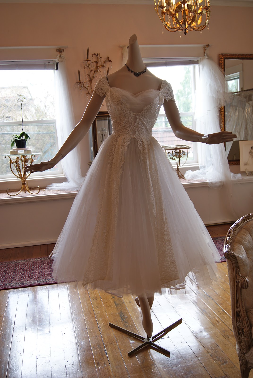 lace wedding dress with off the shoulder sleeves  Ballerina dress by Lorie Deb, pleated tulle with lace panels