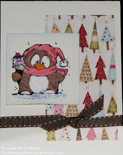 Stamped Christmas card with Whipper Snapper Ice Cream Penguin image covered in flocking