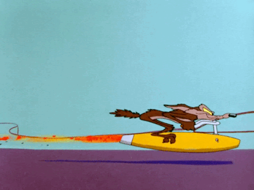 Wile E Coyote rides his ACME Rocket Bike. You know this isn't going to end well...