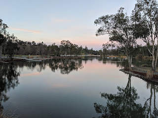 Pink clouds and trees reflected in still water, Vasona Lake at dusk, Los Gatos, California, USA