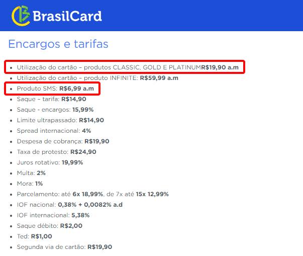 BrasilCard VISA TAXAS
