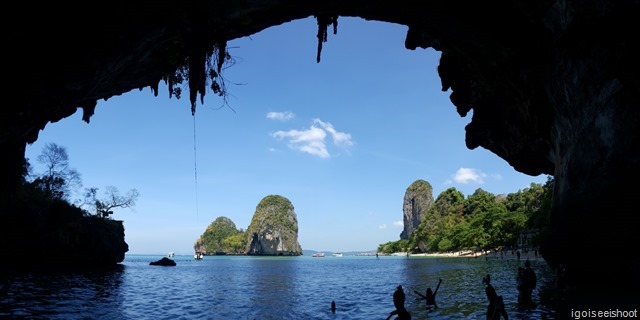 Panoramic view of Phra Nang Bay through the cavernous opening of the sea caves.