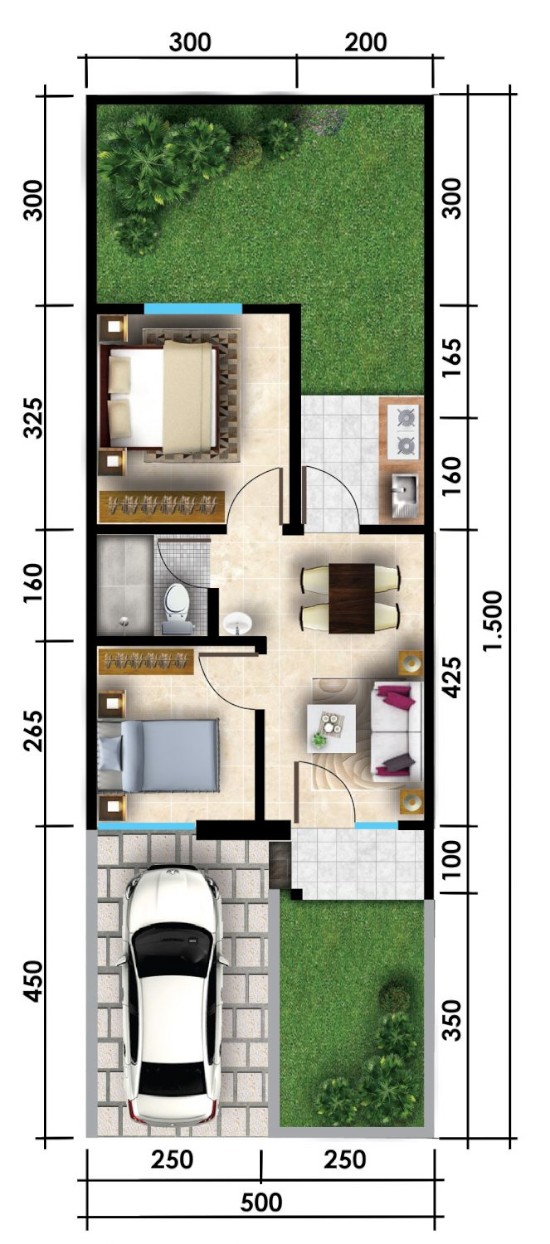 Denah rumah minimalis ukuran 5x15 meter 2 kamar tidur 1 