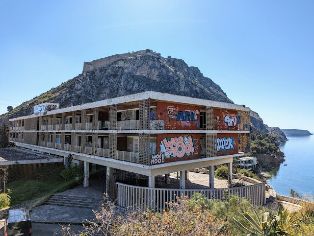Abandoned hotel in Nafplio with view of Palamidi Fortress