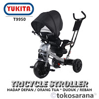 Sepeda Roda Tiga Anak Yukita T9950 Hadap Depan / Orang Tua Duduk / Rebah Ban Karet Lampu & Musik Tricycle Stroller 2-5 Tahun Beban Maks 30 kg