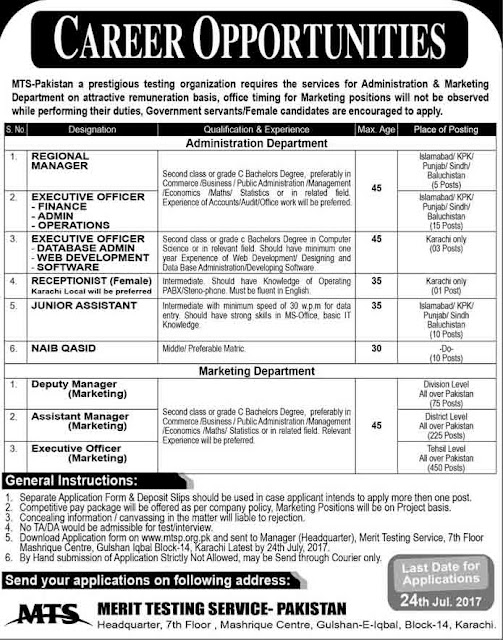 Jobs in MTS Merit Testing Service Pakistan Jobs