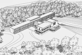 Drawing of the new building for the Queen Elisabeth Music Chapel in Belgium