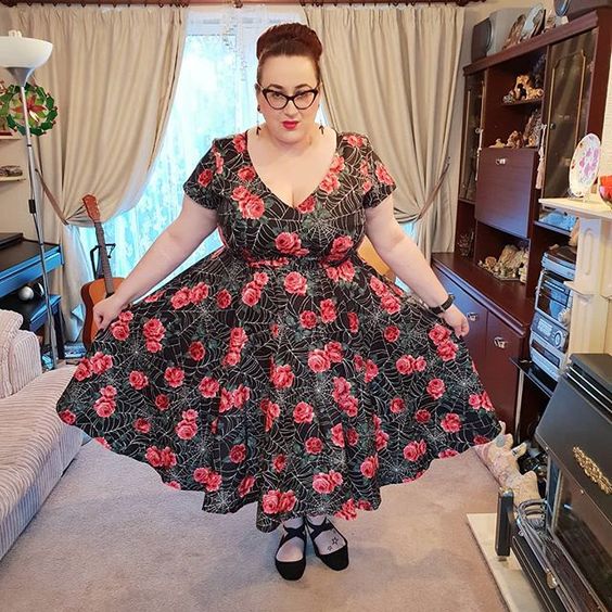 plus size girl wearing Vixen by Micheline Pitt Vanity Fair dress in Spider Web