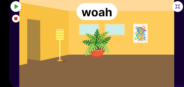 OctoStudio screenshot with room and plant and 'woah' text.