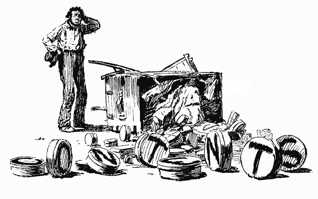 an A.B. Frost illustration of spilled contents with a man scratching his head