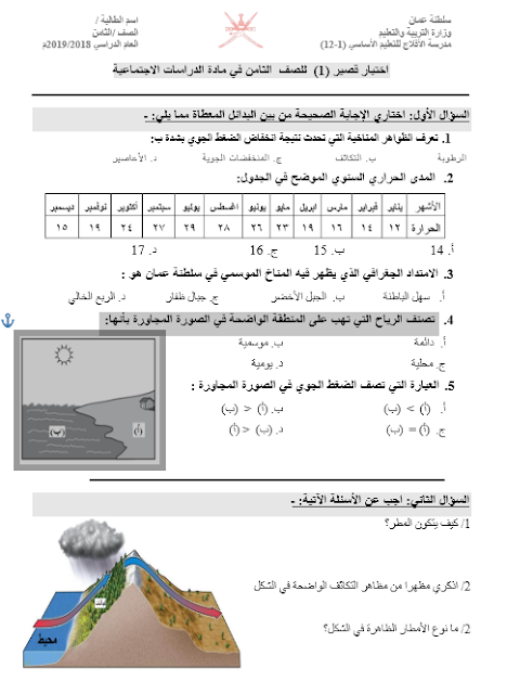 اختبار قصير 1 في الدراسات الاجتماعية للصف الثامن