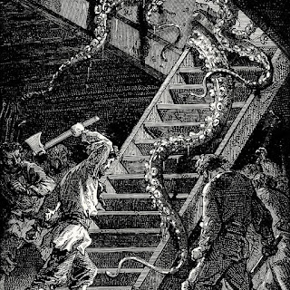 Black and white drawing of several men under the deck of a large ship, using axes to defend themselves from long tentacles descending the stairs from above.