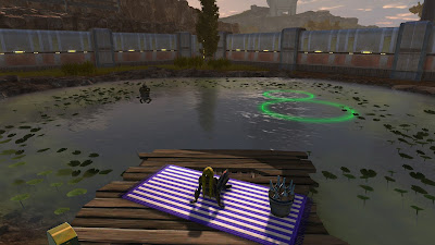 A female twi'lek bounty hunter sitting by a pond that has a probe droid and two green circles hovering over its surface