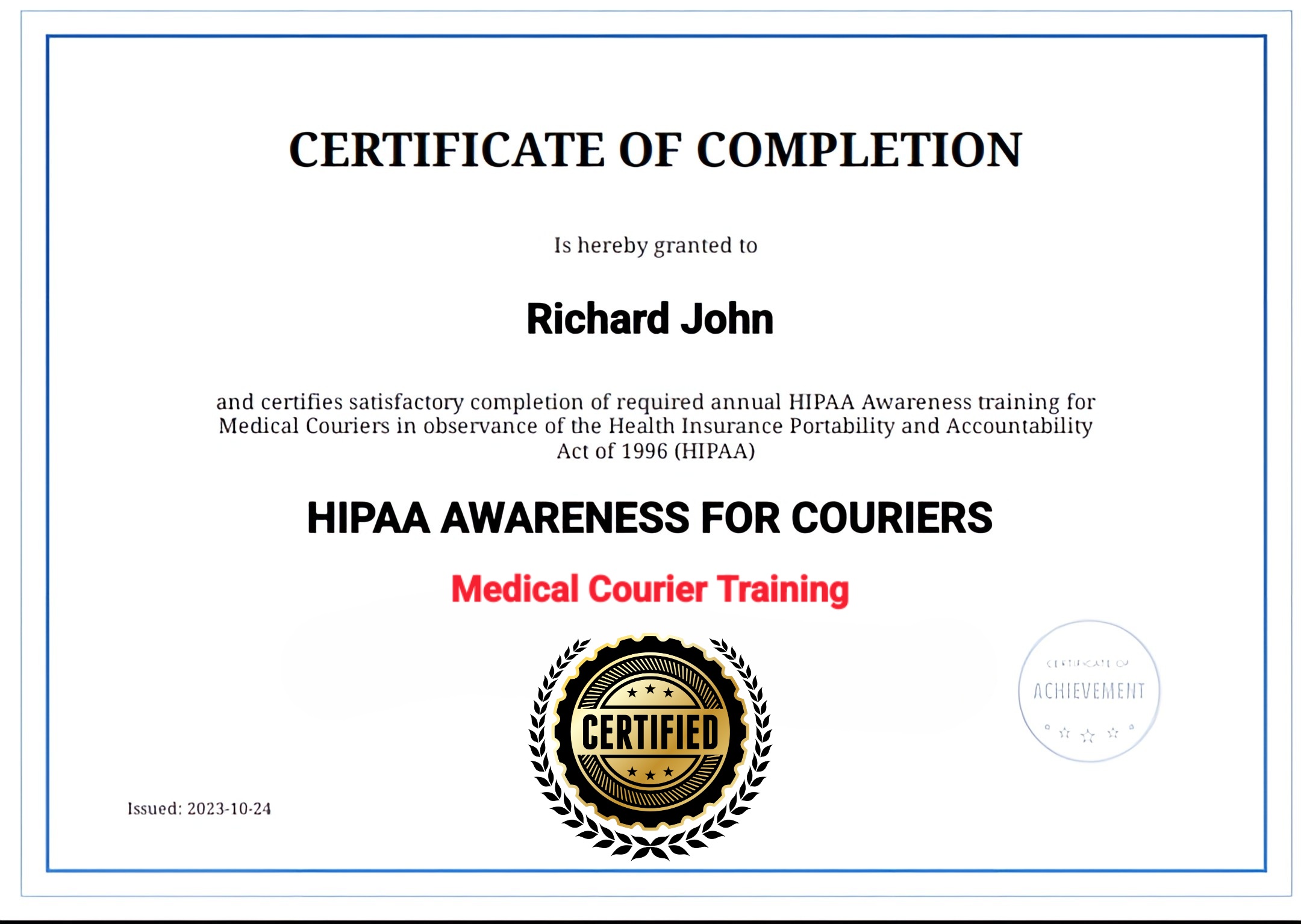 HIPAA Certified - Medical Courier Specialists - Richard John at RJO Logistics and Transportation Network, LLC.