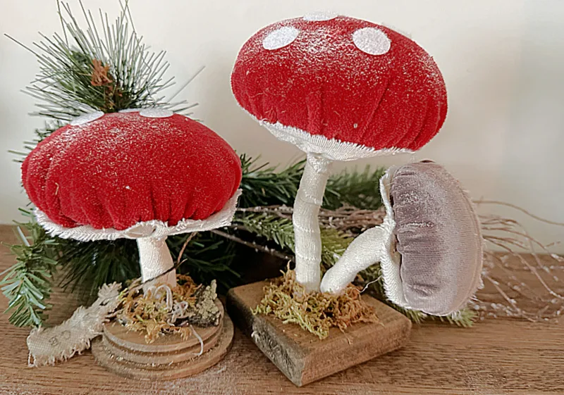 velvet Christmas mushrooms with greenery and glitter