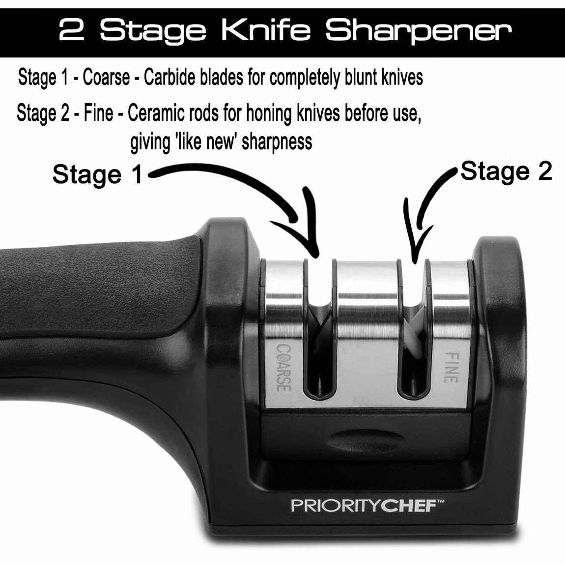  Priority Chef’s knife sharpening system has been designed to turn any dull or blunt knife into as sharp as new. 