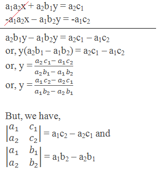 a1a2x + a2b1y = a2c1 -a1a2x – a1b2y = -a1c2 a2b1y – a1b2y = a2c1 – a1c2 or, y(a2b1 – a1b2) = a2c1 – a1c2 or, y = (a_2 c_1- a_1 c_2)/(a_2 b_1- a_1 b_2 ) or, y = (a_1 c_2- a_2 c_1)/(a_1 b_2- a_2 b_1 )  But, we have, |■(a_1&c_1@a_2&c_2 )| = a1c2 – a2c1 and  |■(a_1&b_1@a_2&b_2 )| = a1b2 – a2b1