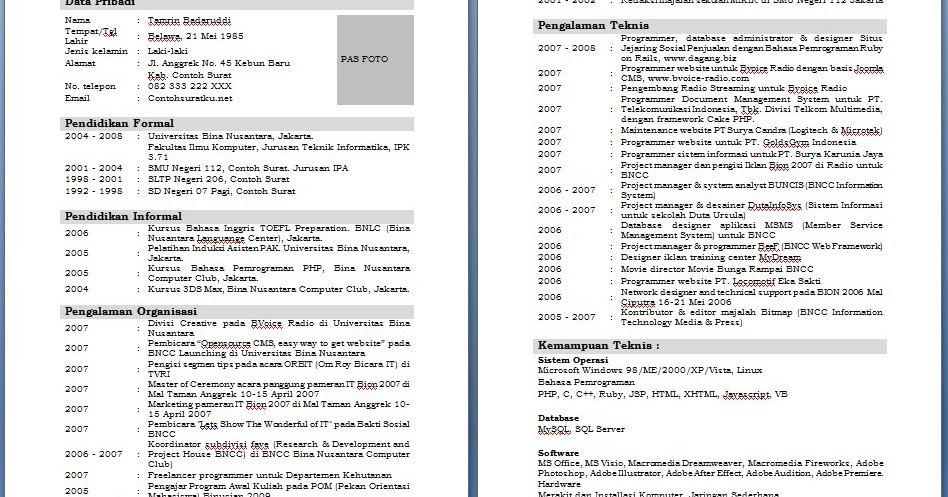 Download Contoh Cv Daftar Riwayat Hidup Terlengkap Ms Word 
