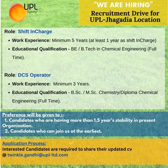 UPL Hiring For BE/ B Tech/ Diploma Chemical/ MSc/ BSc