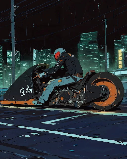 Mercenary Garage Custom Motorcycle Workshop 2025 Swordspeed Synthetic Dawn Cyberpunk City Biker Art 1