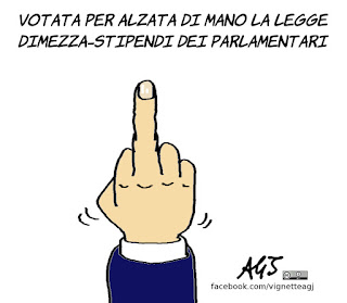 alzata di mano, legge taglia stipendi, votazioni, vignetta, satira