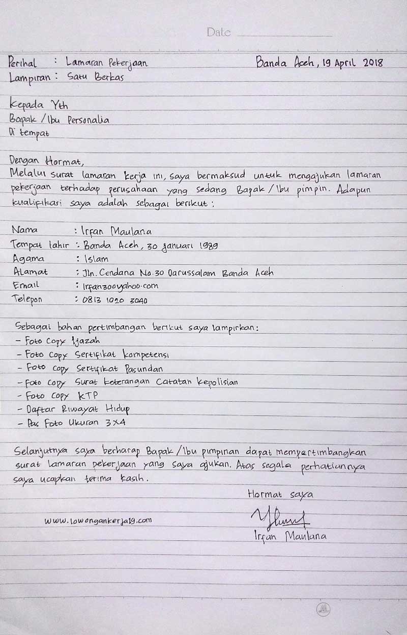 Tulis Tangan Contoh Surat Lamaran Kerja Singkat Berbagai