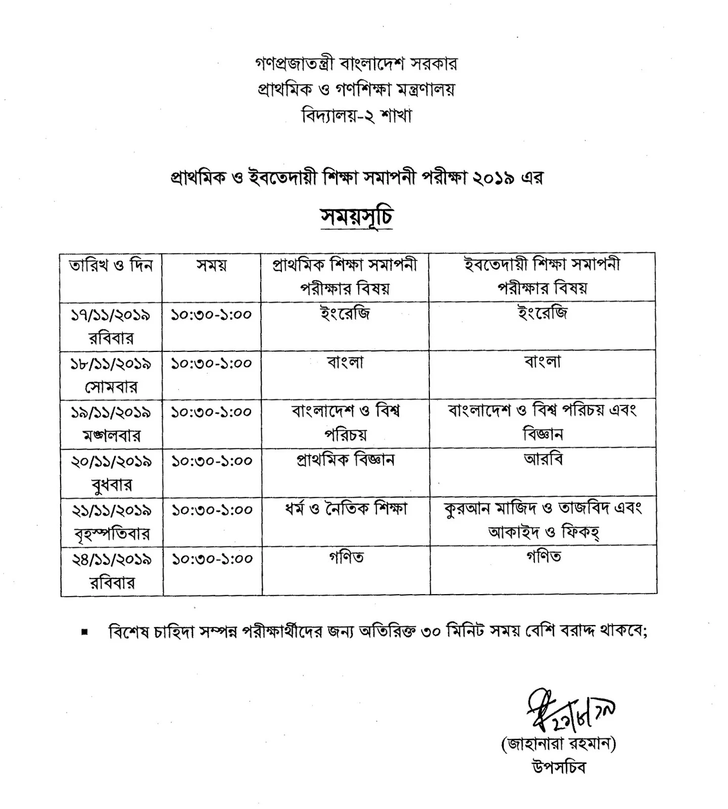 Primary and Ebtedayee Examination Routine 2019