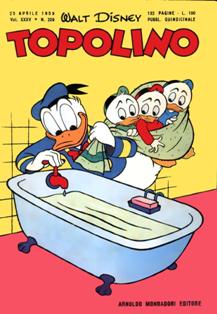 Topolino 209 - 25 Aprile 1959 | ISSN 1120-611X | CBR 215 dpi | Settimanale | Fumetti | Universo Disney
Topolino apparve in Italia il 30 marzo 1930, quando sul n.13 del settimanale torinese Illustrazione del Popolo, diretto da Lorenzo Gigli, fu pubblicata la prima striscia disegnata da Ub Iwerks e intitolata Le avventure di Topolino nella giungla. Due anni dopo si ha il primo libro illustrato italiano con le sue immagini: Sua Altezza Reale il Principe Codarello e, poco più tardi, il 31 dicembre 1932, esce il primo numero di Topolino in formato giornale, edito da Nerbini.
Sulla falsariga del celebre Corriere dei Piccoli, anche Topolino si presentava ai lettori con periodicità settimanale e si apriva con una breve storia in cui le didascalie sono scritte in rima e realizzata da Giove Toppi, che divenne quindi il primo autore Disney italiano. Sul settimanale della Nerbini, comunque, trovano spazio soprattutto le strisce e le tavole realizzate da Floyd Gottfredson. In queste storie vengono anche introdotte delle didascalie in rima, scritte dal primo direttore della rivista, Paolo Lorenzini (detto Collodi Nipote in quanto nipote di Carlo Collodi), e viene anche assegnato il nome definitivo alla spalla di Topolino, ovvero quel Pippo un po' lunatico e un po' svampito che sui libri della Salani veniva ancora chiamato Medoro.
Nerbini non si era assicurato correttamente i diritti di pubblicazione: quando aveva varato la sua rivista, infatti, si era rivolto al Consorzio Cinematografico E.I.A., il distributore dei cortometraggi di Topolino, quando in realtà i diritti per le riviste erano stati dati in mano al giornalista Guglielmo Emanuel dallo stesso Disney. Per cui, per un paio di numeri, la testata passò da Topolino a Topo Lino, per poi riprendere la nota testata con il n.7. Il Topolino Giornale era formato da otto pagine e non conteneva solo storie a fumetti Disney ma anche storie non-Disney che anzi erano di solito la maggioranza delle storie presenti in un numero.
Il numero 137 del Topolino Giornale, dell'11 agosto 1935, segna il passaggio di consegne da Nerbini alla Mondadori. Il fascismo, tuttavia, causò dei problemi al giornale. Dal 1938, il Min.Cul.Pop. (Ministero della Cultura Popolare) impone alla stampa di non editare più i protagonisti del fumetto popolare americano. Il solo Topolino è risparmiato, e così il suo logo e il suo personaggio possono continuare ad esistere nelle edicole italiane, ma in piena seconda guerra mondiale, a partire dal n.476 del 27 gennaio 1942, anche il settimanale è costretto a cedere alle restrizioni. Lo sostituisce Tuffolino, un ragazzetto dalle medesime caratteristiche fisiche, disegnato dal grande illustratore Pierlorenzo De Vita. Con la fine del fascismo, le avventure di Topolino poterono di nuovo essere pubblicate.
Alla fine degli anni quaranta, però, i giornali a fumetti che pubblicavano storie a puntate di non più di due tavole ad episodio erano irrimediabilmente in crisi, e così lo stesso Topolino, le cui vendite erano di gran lunga calate rispetto al periodo d'oro. Mondadori, però, non poteva rinunciare alla rivista da edicola per non perdere i ricchi diritti delle pubblicazioni da libreria, così decise un doloroso ma necessario cambio di formato e periodicità. Nel 1949 nasce così il periodico a fumetti Topolino formato libretto, all'inizio con cadenza mensile, quindi quindicinale e, infine, settimanale, fino a giungere a oggi al suo sessantesimo anniversario e con oltre 3000 numeri usciti, ricchi di storie tra le più famose, con autori da Carl Barks a Romano Scarpa, da Floyd Gottfredson a Giovan Battista Carpi e così via.