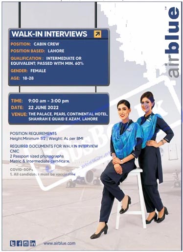 Airblue Lahore Airport Jobs 2022 for Cabin Crew