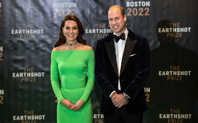 Princess Catherine wore a bright green sabina maxi dress by Solace London. Asprey London emerald and diamond halo earrings