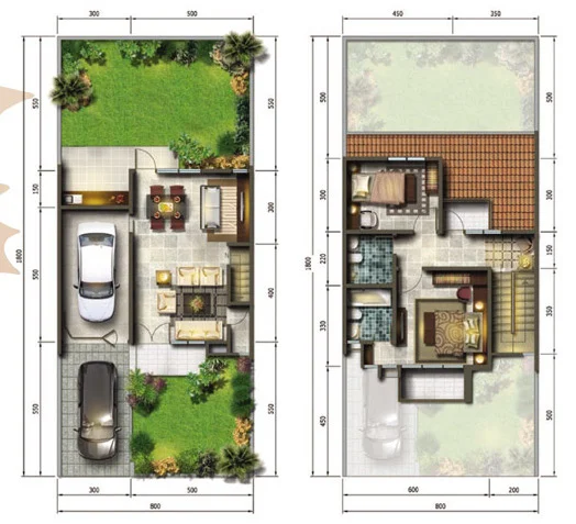 Denah rumah minimalis ukuran 8x18 meter 2 kamar tidur 2 lantai