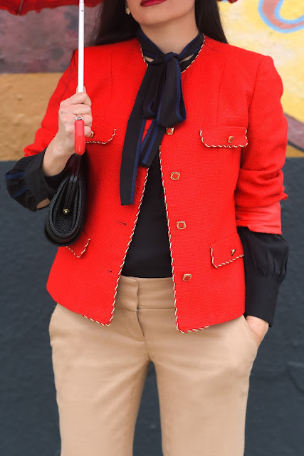 Ann Taylor tan trousers Joanna Joy A Stylish Love Story Fashion Blog fashion blogger California fashion blogger petite fashion blogger eshakti black and royal blue blouse red jacket red umbrella black zara boots Zac Posen black bag