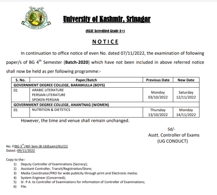 Kashmir University: Important Notice For BG 4th Sem Batch 2020