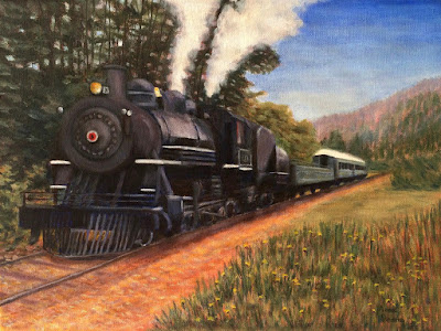 oil painting of train at Mt. Rainier Scenic Railroad near Elbe, WA, copyright Anne Doane 2017