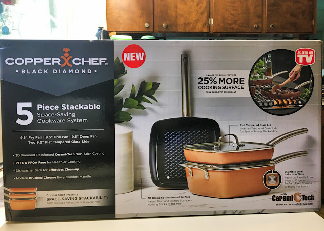 Boxed 5-piece set of stackable space-saving Copper Chef Black Diamond nonstick cookware