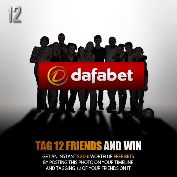 win an instant Free Bet SGD 6 worth for posting promo pics on your timeline and tag 12 friends!