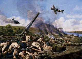 battle scene with soldiers loading large gun and planes flying over head