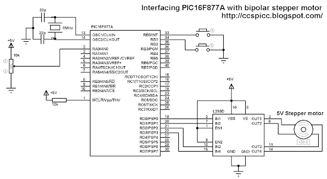 Bipolar stepper motor speed and direction control using PIC16F877A and L293D circuit CCS PIC C