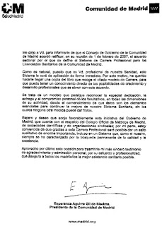 Carta de la Presidenta de la Comunidad de Madrid, Esperanza Aguirre, dirigida a los Licenciados Sanitarios, en mayo 2007