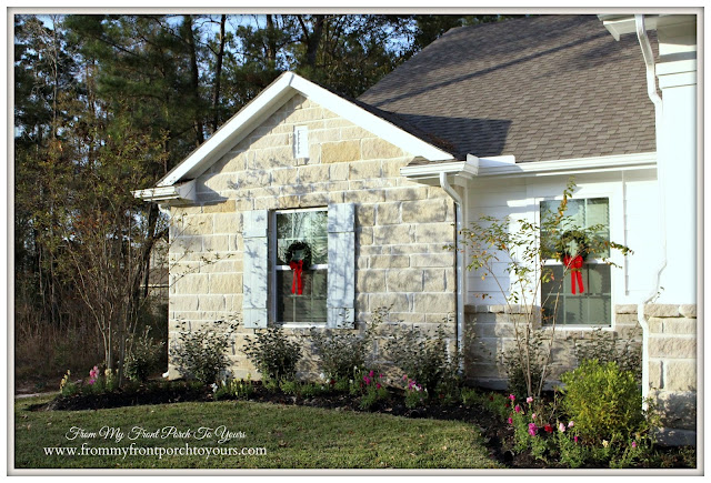 Farmhouse Christmas Porch-Suburban Farmhouse-Board and Batten Shutters- Window Wreaths-From My Front Porch To Yours