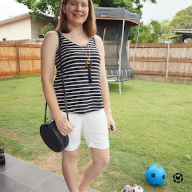 awayfromtheblue Instagram | monochrome black white striped tank bermuda denim shorts outfit with straw bag