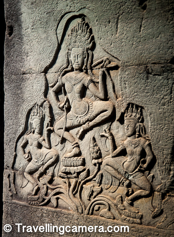 You will find these bas reliefs at many places inside the temples. These are Apsaras or dancing nymphs. Cambodia has inherited these symbols from Hindu cultures and their significance is the same too. Today, inspired by these reliefs, many hotels organize something known as the Apsara dance and tourists often pay heavy ticket prices to watch these.