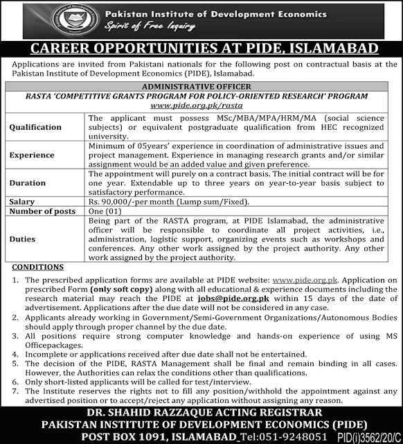 PIDE Pakistan Institute Of Development Economics PIDE jobs in isb