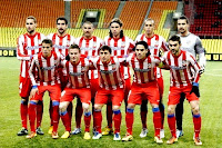 CLUB ATLÉTICO DE MADRID - Madrid, España - Temporada 2012-13 - Mario Suárez, Raúl García, Cata Díaz, Cisma, Miranda, Asenjo; Manquillo, Saúl Ñíguez, Cebolla Rodríguez, Falcao y Adrián - RUBIN KAZAN 0, ATLÉTICO DE MADRID 1 (Falcao) - 21/02/2013 - Europa League, dieciseisavos de final - Moscú (Rusia), estadio Luznhiki - El Atlético, que había perdido por 2-0 en el Calderón, queda eliminado