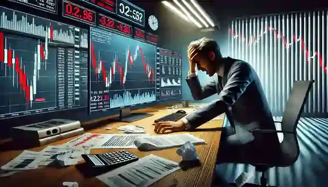 Forex trading environment in which a trader appears frustrated with pointing out negligence results to news events and economic indicators. The scenario sets a monitor showing unexpected market changes on one side and the news feed showing major economic announcements on the other. The image emphasizes the risks of relying on technical indicators for trading decisions, which can lead to undesirable consequences. It also highlights the necessity of using risk management techniques to safeguard capital from substantial losses.