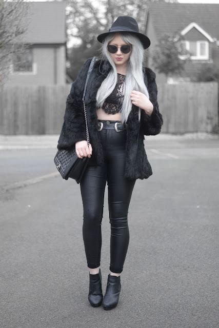 Sammi Jackson - Primark Fedora Hat / Zaful Sunglasses / Shein Faux Fur Coat / Chickaberry Boutique Ilsa Lace Top / Primark Lace Bralet / ASOS Double Buckled Belt / Primark Shiny Jeans / OASAP Quilted Flap Bag / Office Chunky Chelsea Boots 
